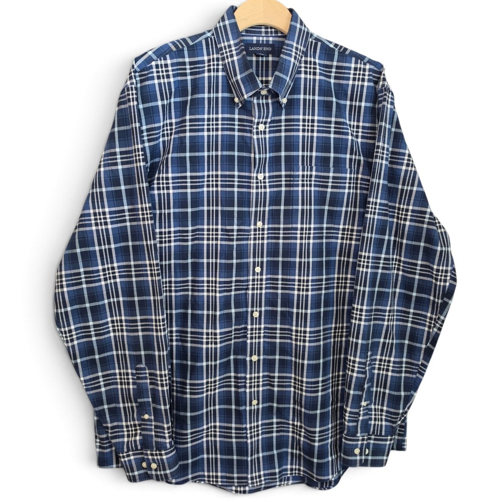 Lands End Shirt Mens XLT Tall Blue Plaid Long Sleeve Button Down Traditional Fit